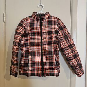 Eddie Bauer Red and Black Plaid Puffer Jacket